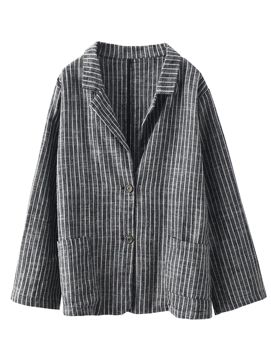 Plus Size Women Vintage Stripe Spring Linen Shirt Pants
