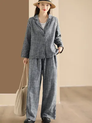 Plus Size Women Vintage Stripe Spring Linen Shirt Pants