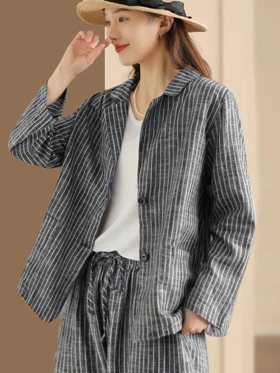 Plus Size Women Vintage Stripe Spring Linen Shirt Pants