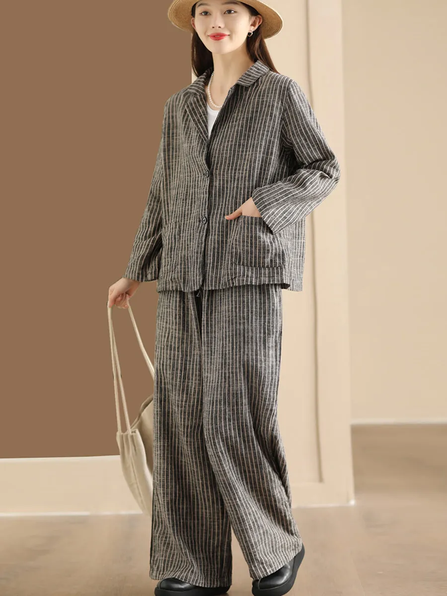 Plus Size Women Vintage Stripe Spring Linen Shirt Pants