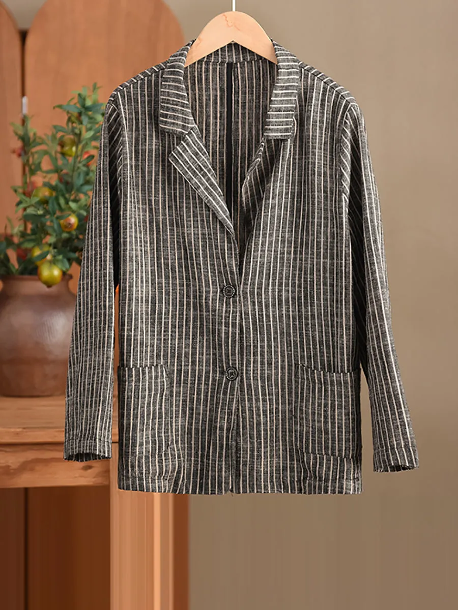 Plus Size Women Vintage Stripe Spring Linen Shirt Pants