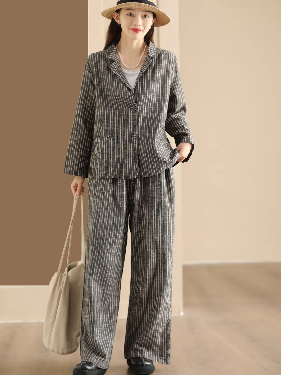 Plus Size Women Vintage Stripe Spring Linen Shirt Pants