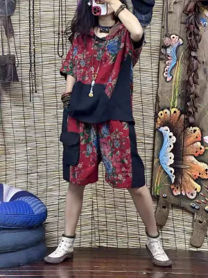 Plus Size Women Vintage Summer Flower Colorblock Suits