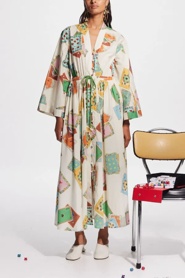Poker Card Print Tie-Waist Long Shirt Dress
