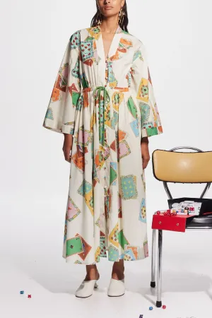 Poker Card Print Tie-Waist Long Shirt Dress