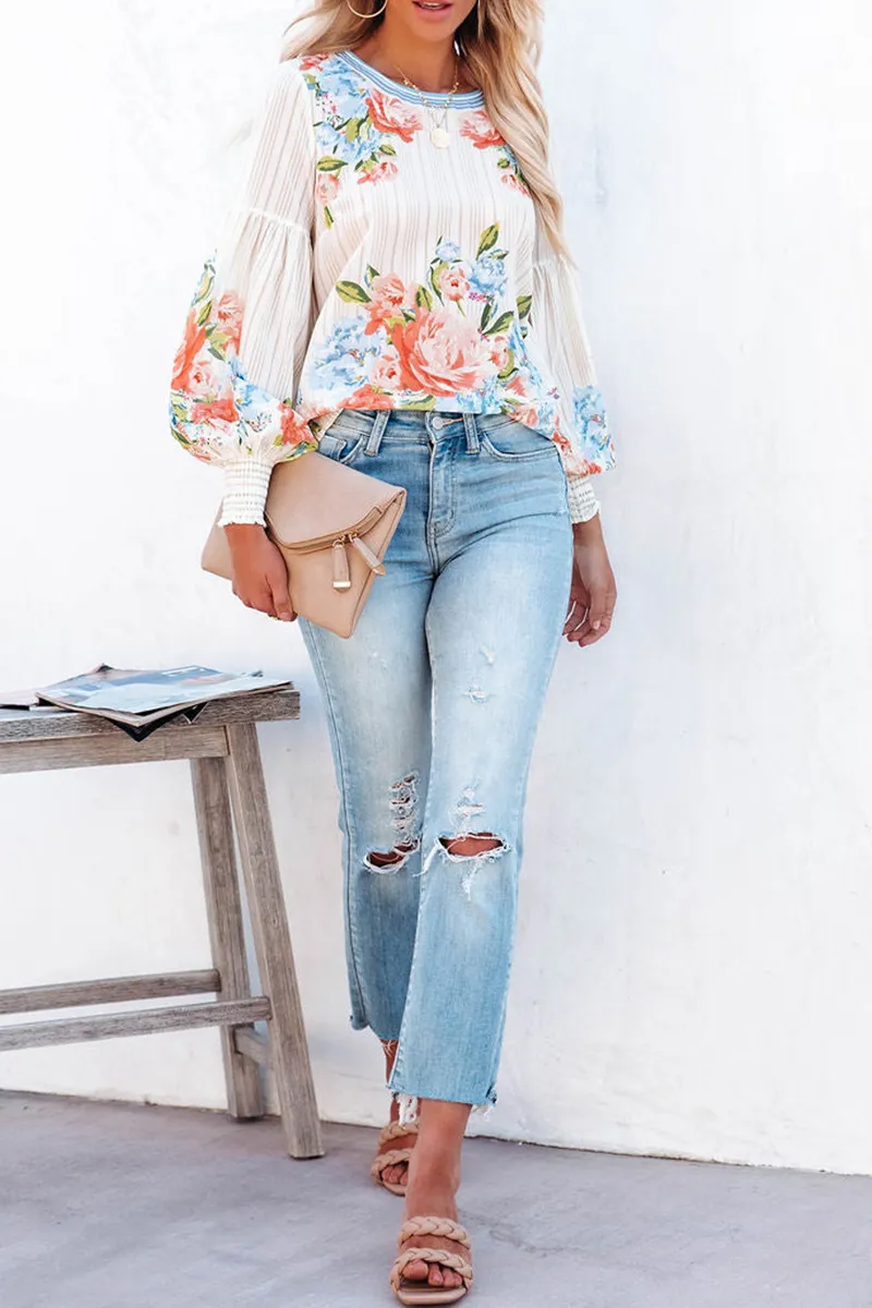 Print Patchwork O Neck Tops