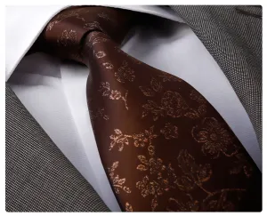 Printed Dark Brown Checkers Designer Silk Floral Necktie with Matching Cufflinks & Pocket Square Set for Men