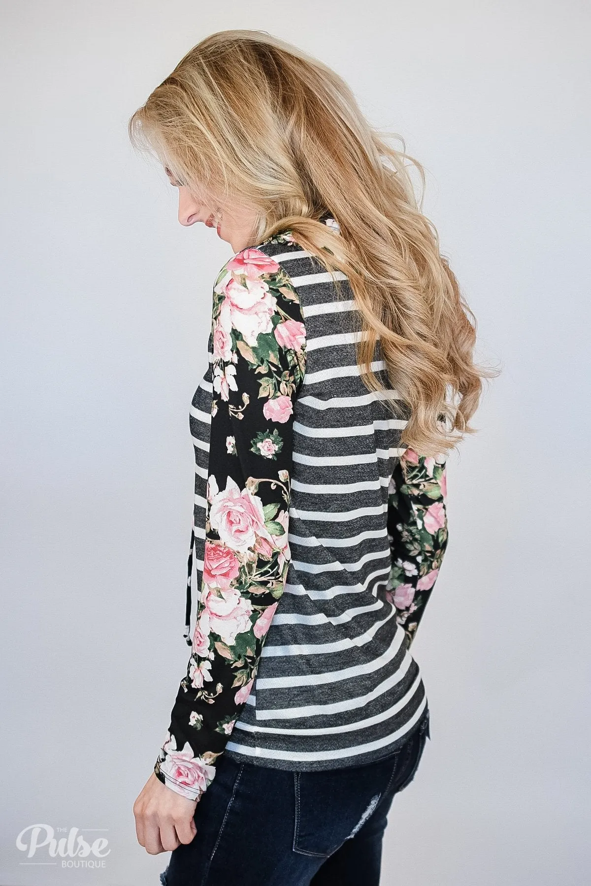 Pure Beauty Floral & Striped Cowl Neck Top- Black