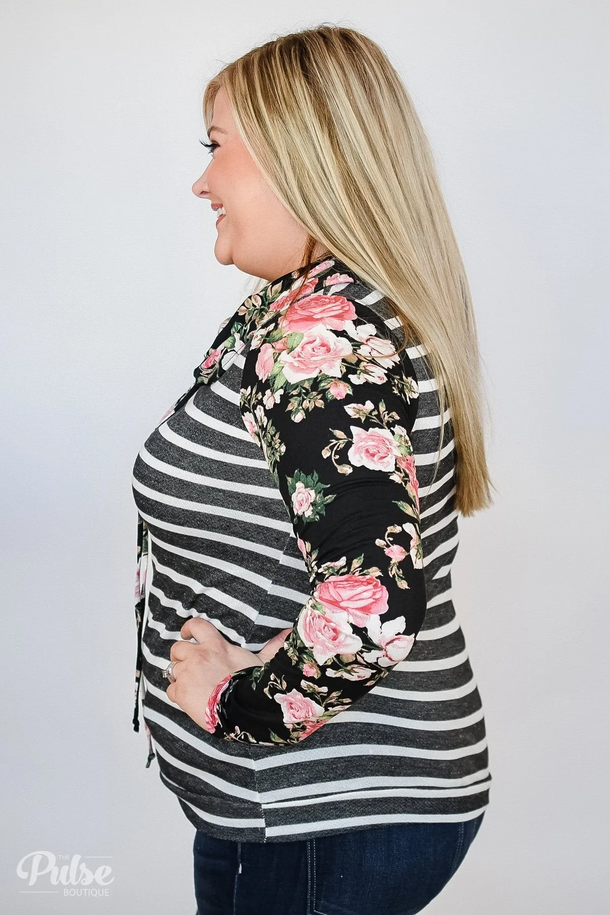 Pure Beauty Floral & Striped Cowl Neck Top- Black