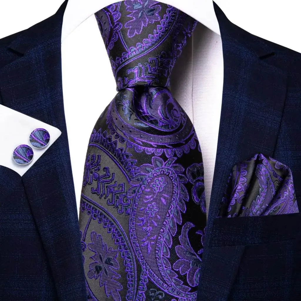Purple Paisley Silk Tie Set for Men