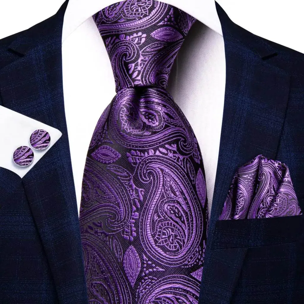 Purple Paisley Silk Tie Set for Men
