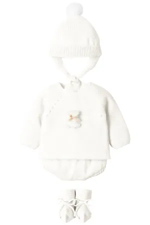 "Remi" Ivory Knit Teddy Top, Bloomers, Hat & Booties