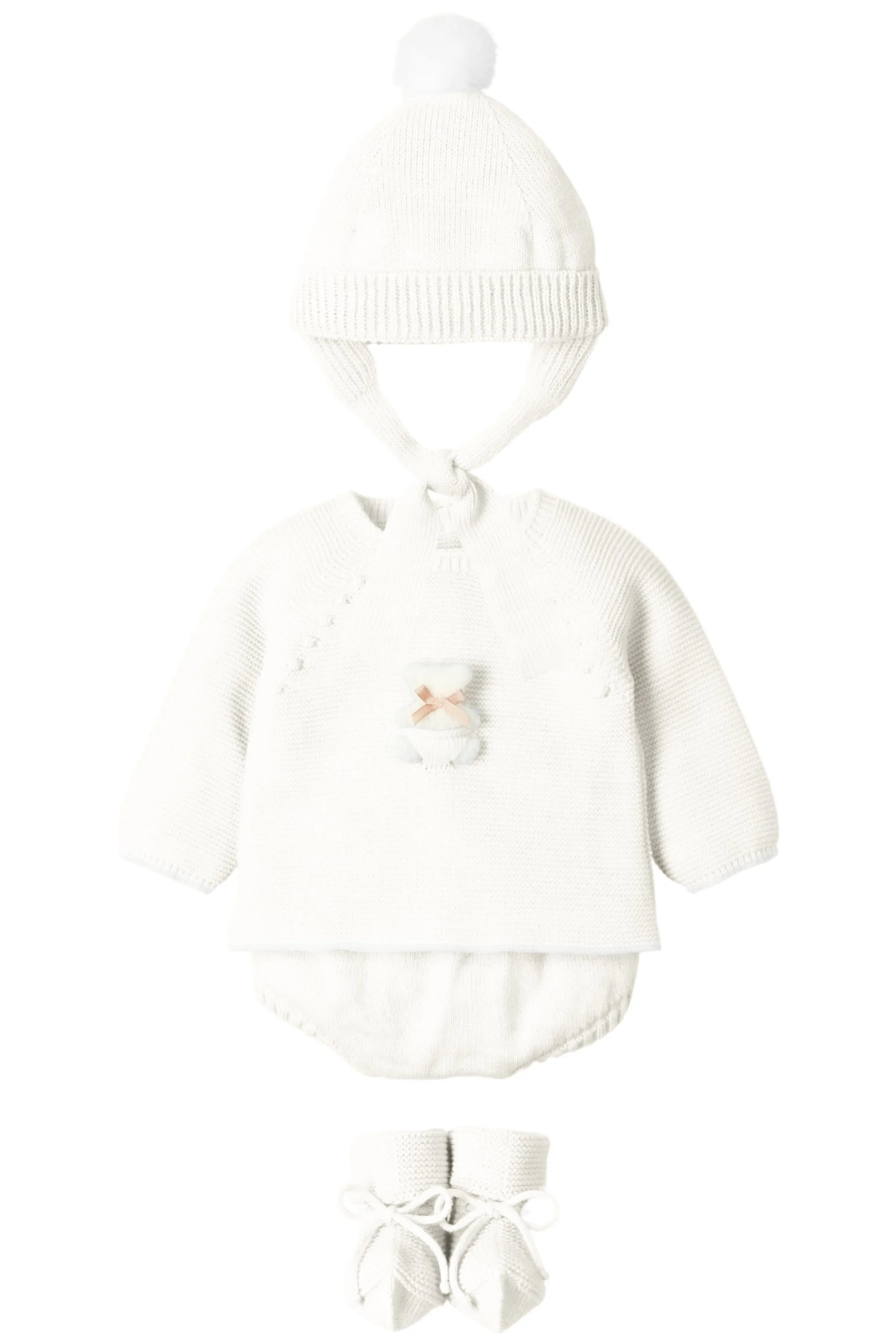 "Remi" Ivory Knit Teddy Top, Bloomers, Hat & Booties