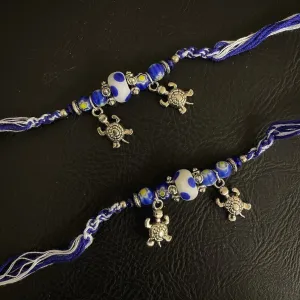 (Rakhi Set of 2) Designer Rakhi Blue Beads With Tortoise Charm On multicolour Thread Rakhi