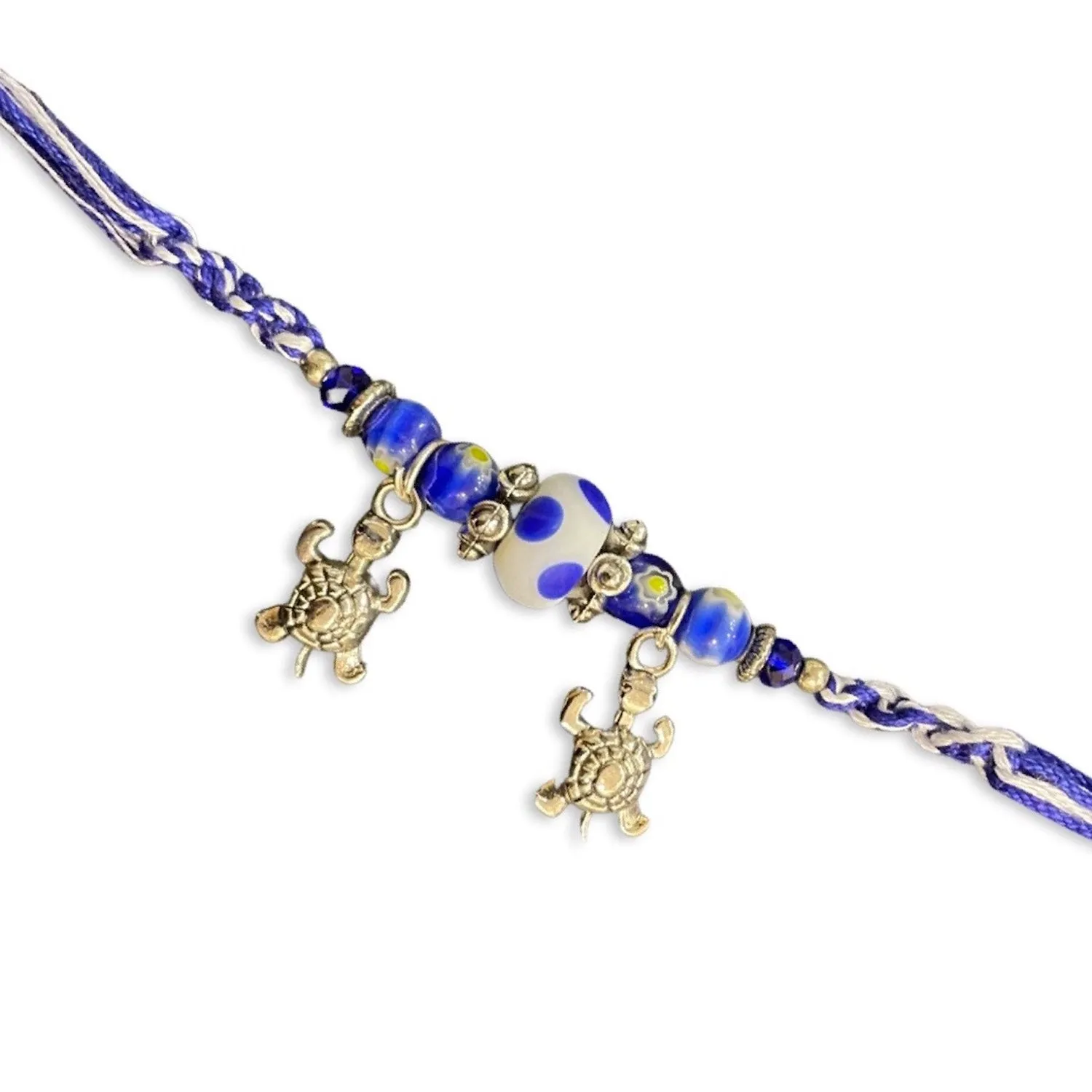 (Rakhi Set of 2) Designer Rakhi Blue Beads With Tortoise Charm On multicolour Thread Rakhi
