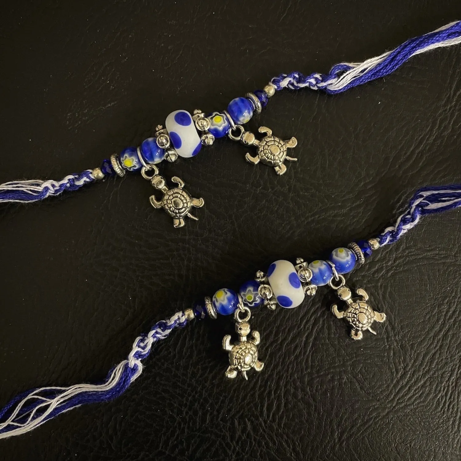 (Rakhi Set of 2) Designer Rakhi Blue Beads With Tortoise Charm On multicolour Thread Rakhi