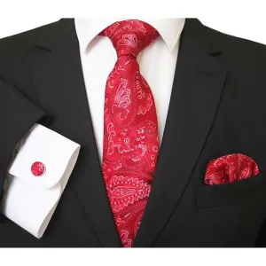 Red & White Paisley Designer Silk Floral Necktie with Matching Cufflinks & Pocket Square Set for Men