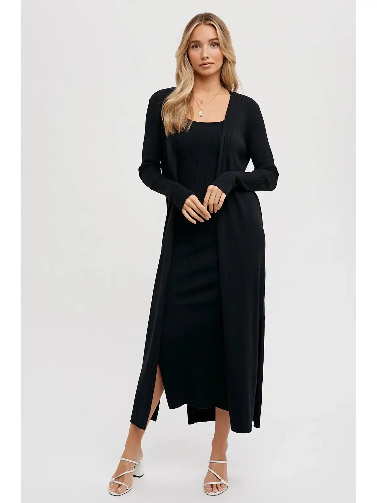 Ribbed Knit Longline Cardigan & Bodycon Maxi Dress Set