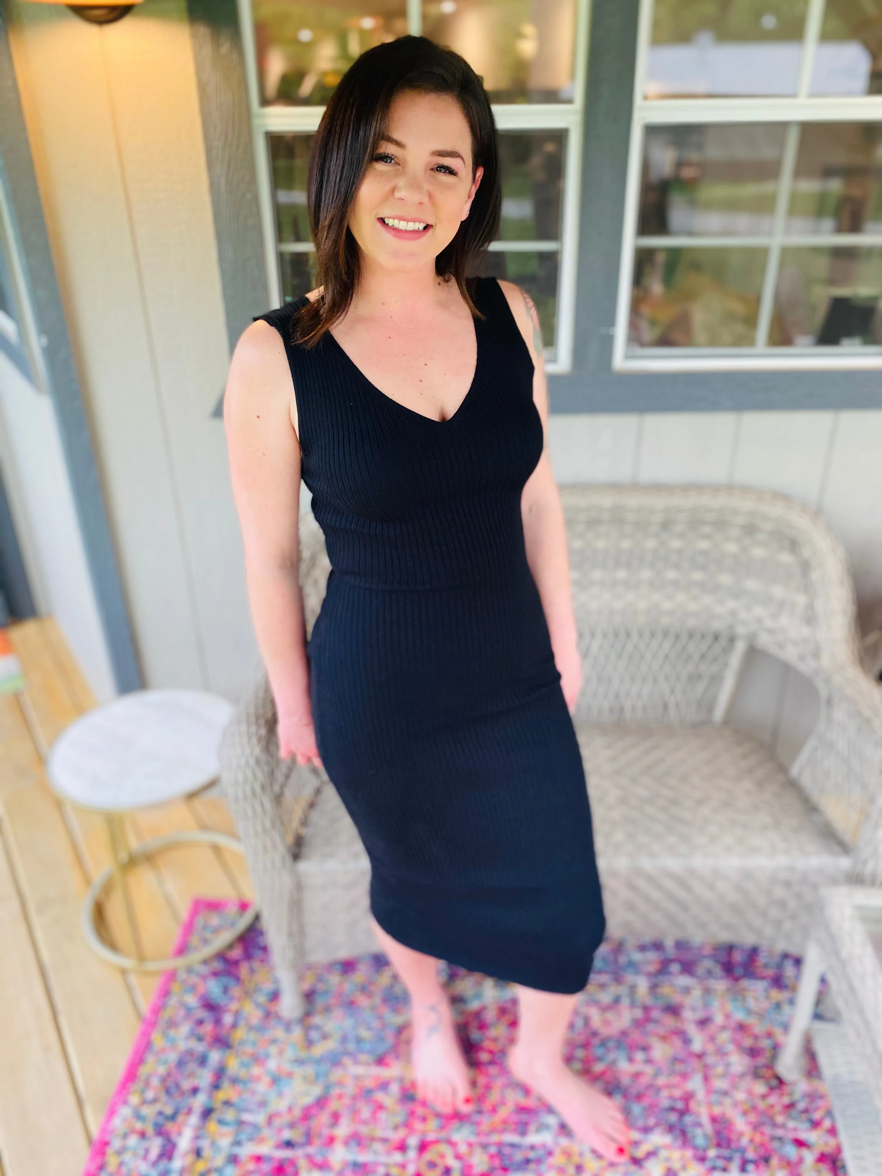 Ribbed Knit V Neck Midi Dress