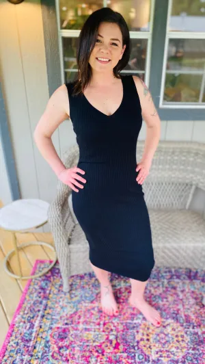Ribbed Knit V Neck Midi Dress