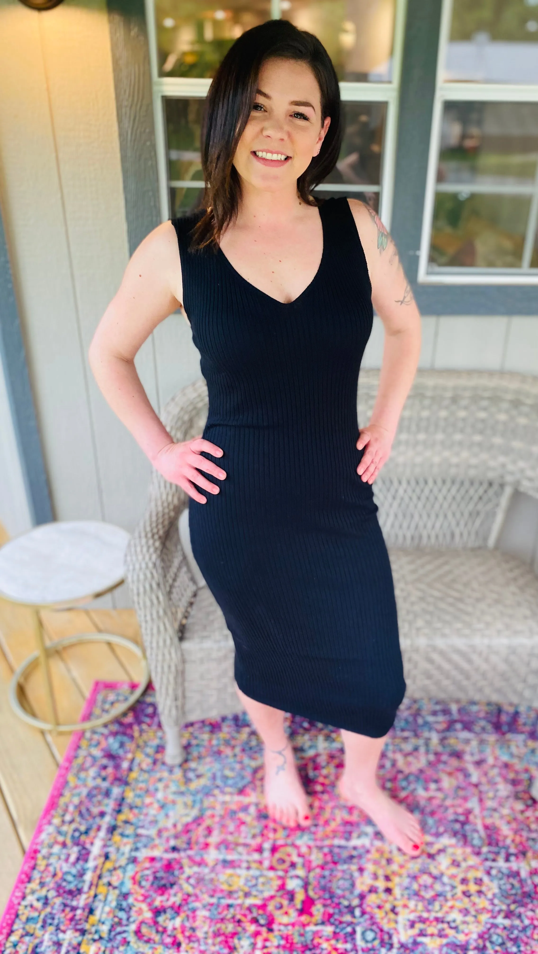 Ribbed Knit V Neck Midi Dress