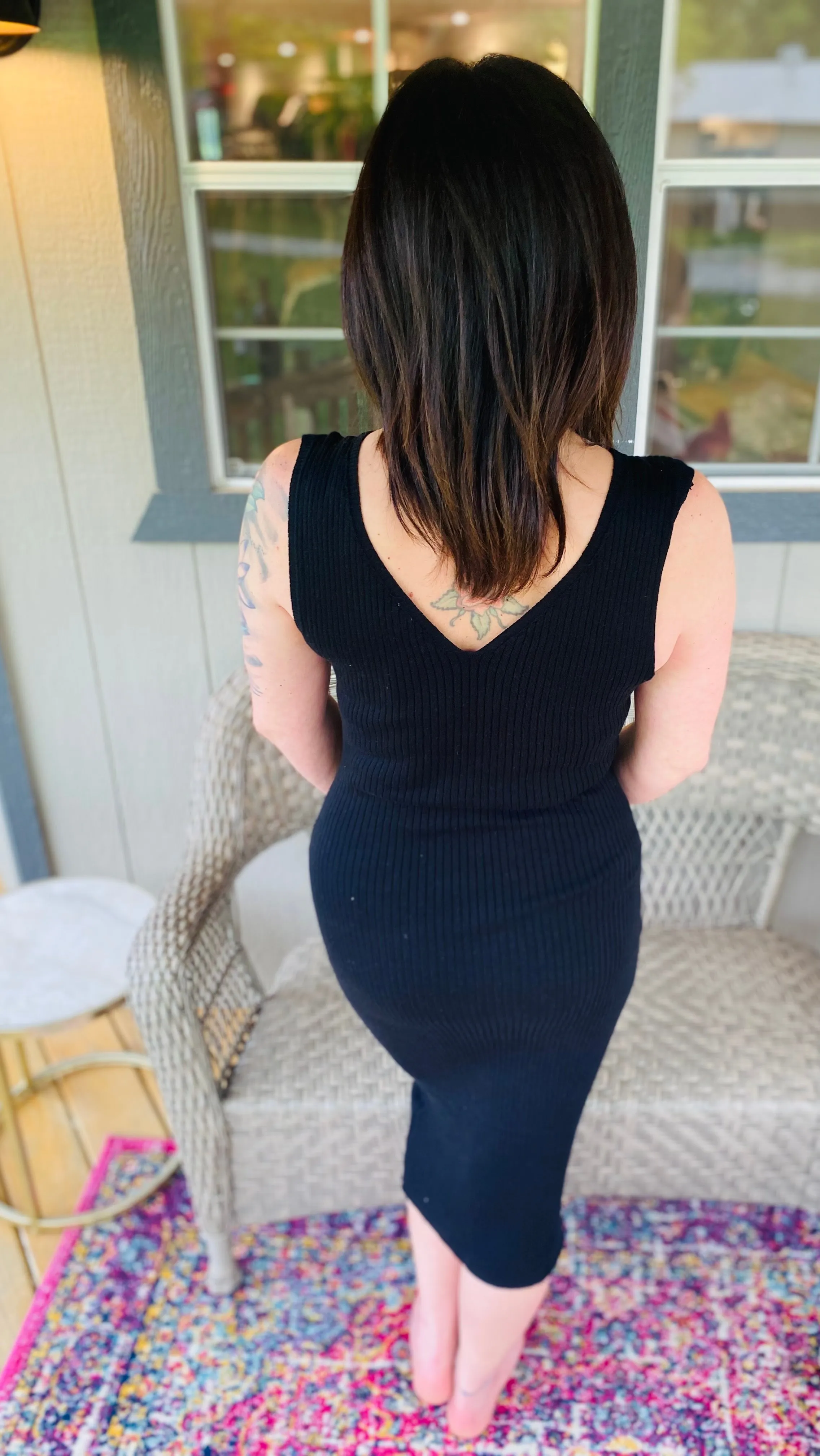 Ribbed Knit V Neck Midi Dress