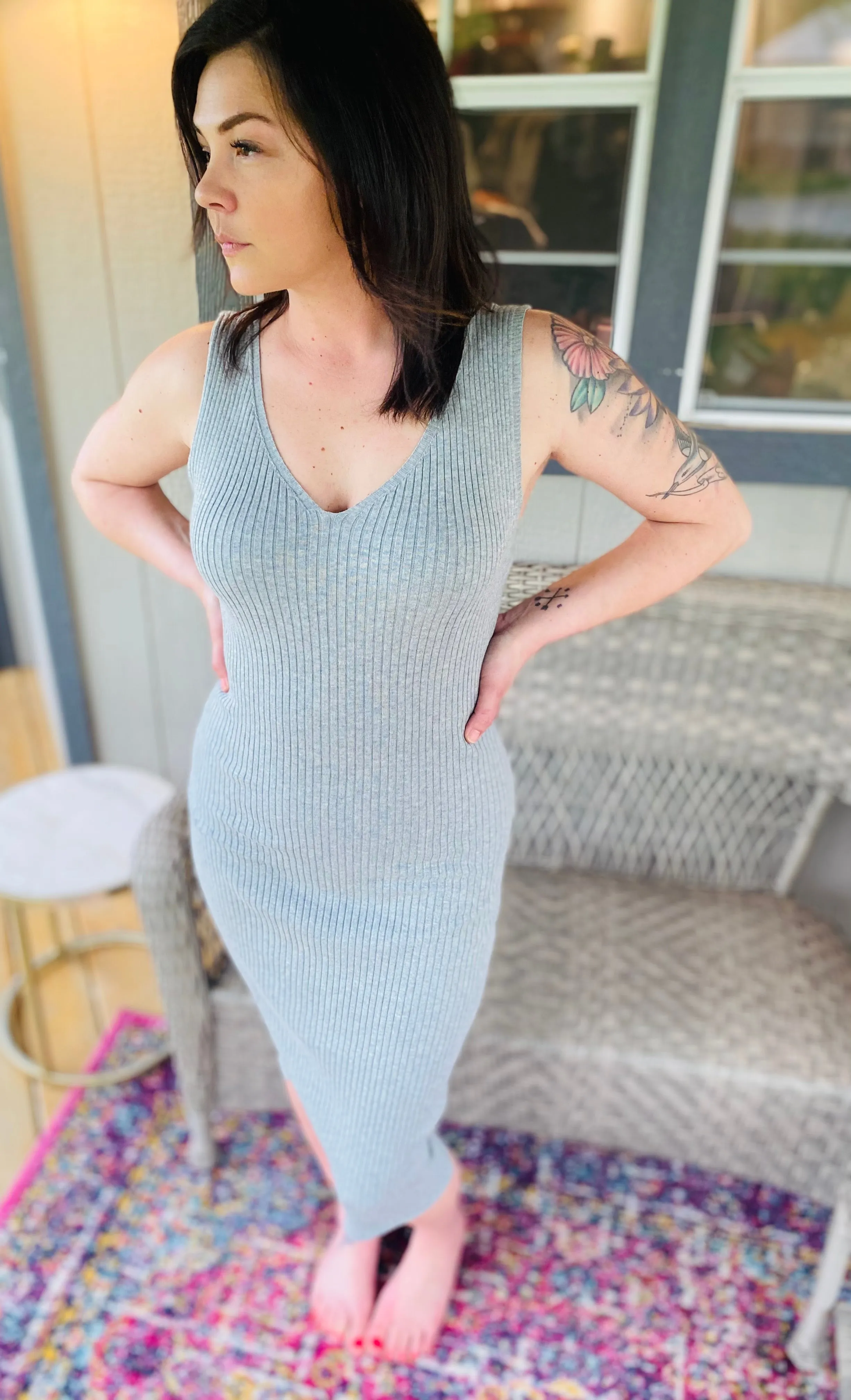 Ribbed Knit V Neck Midi Dress
