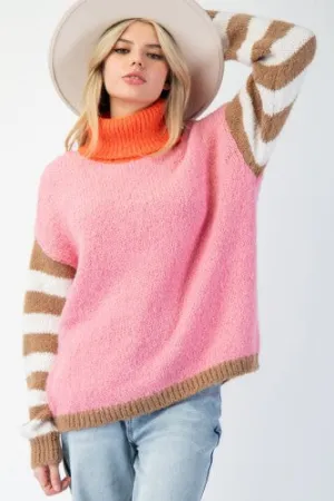 Rose   Camel Colorblock Stripe Cowl Neck Sweater