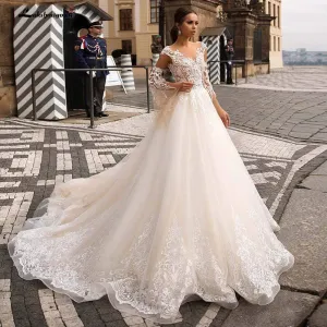 Roycebridal V-Neck A Line Lace Wedding Dresses Applique Beading