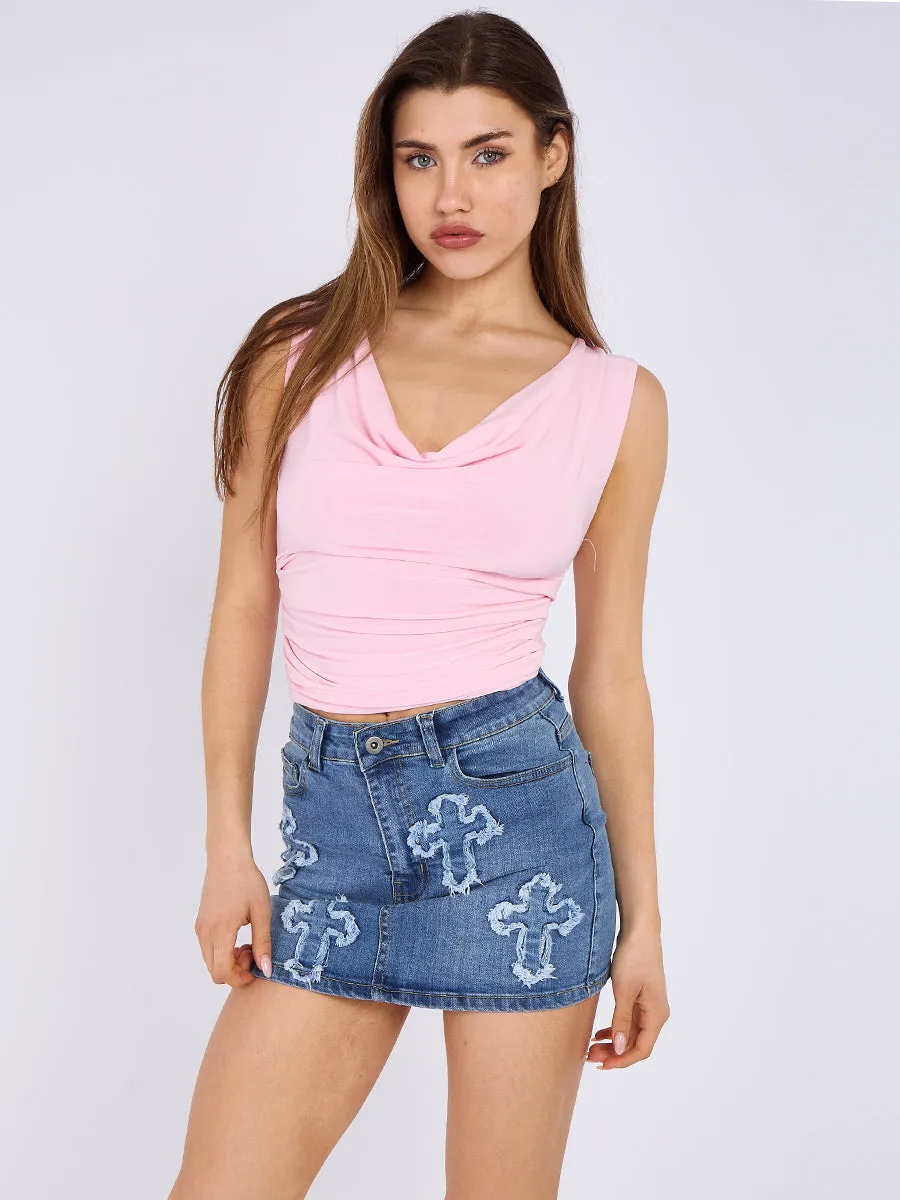 Ruched Cowl Neck Slinky Top