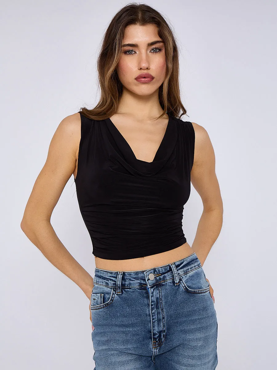 Ruched Cowl Neck Slinky Top