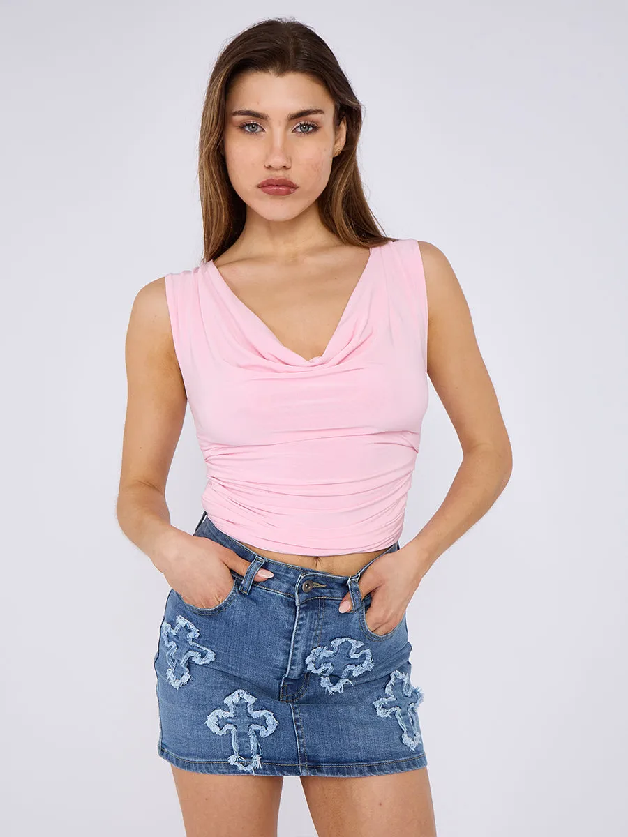 Ruched Cowl Neck Slinky Top