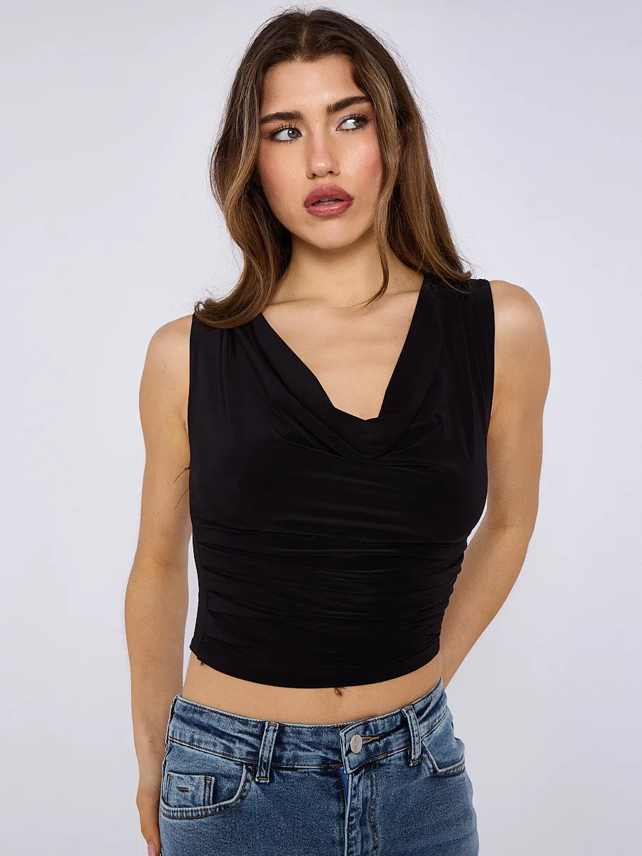 Ruched Cowl Neck Slinky Top