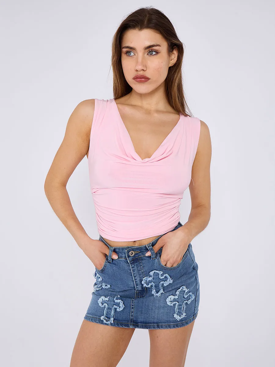 Ruched Cowl Neck Slinky Top