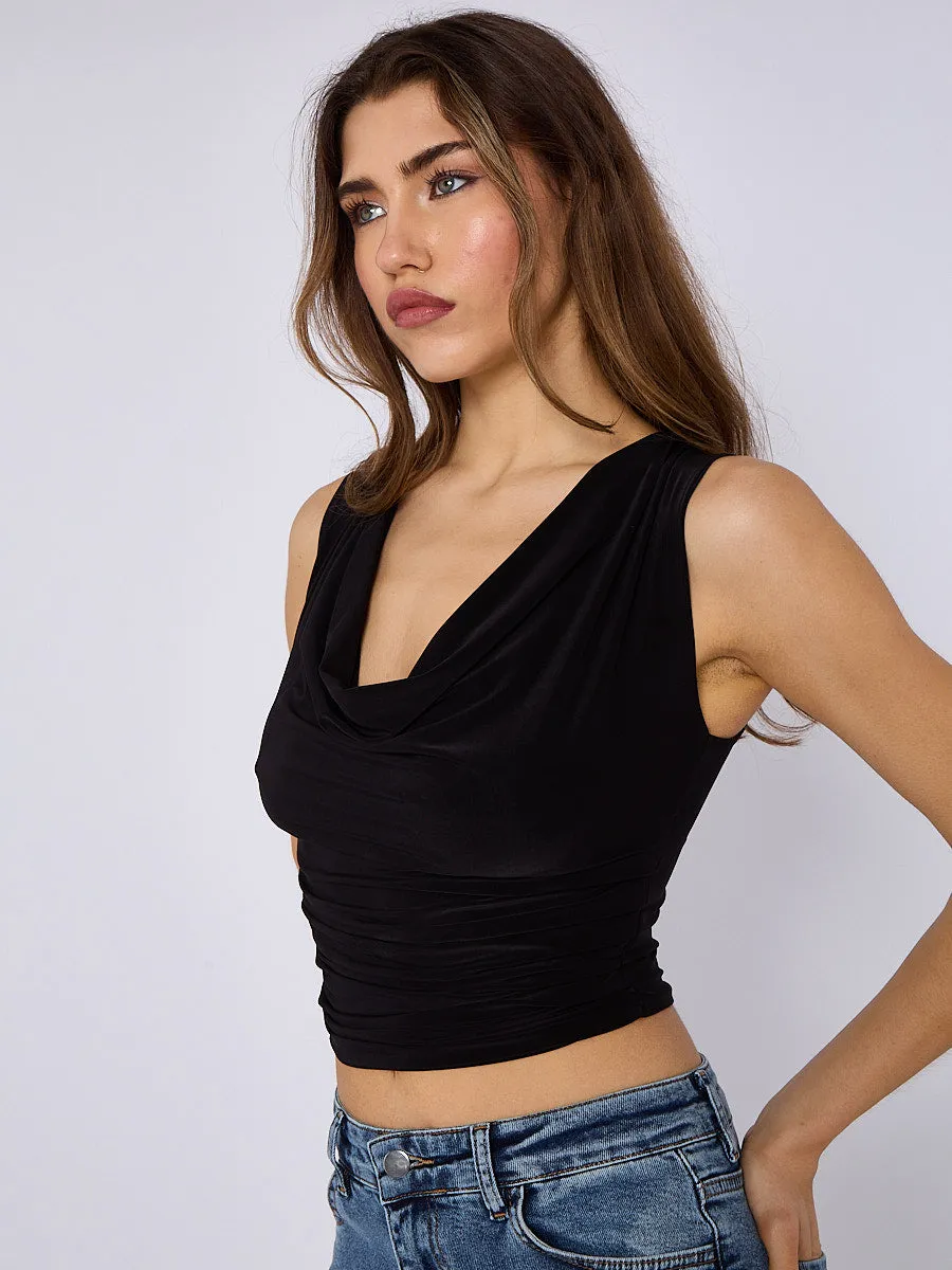 Ruched Cowl Neck Slinky Top