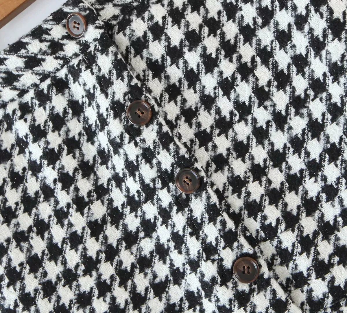 Ruffled Breasted Woolen Vintage Houndstooth Skirt Mini Dresses