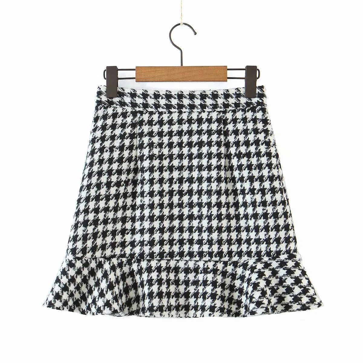 Ruffled Breasted Woolen Vintage Houndstooth Skirt Mini Dresses