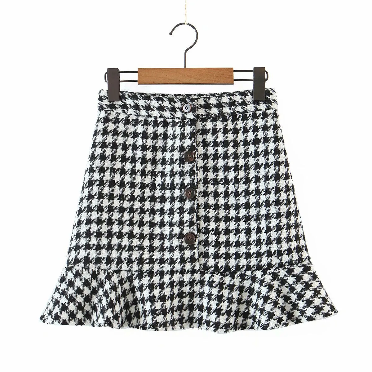 Ruffled Breasted Woolen Vintage Houndstooth Skirt Mini Dresses