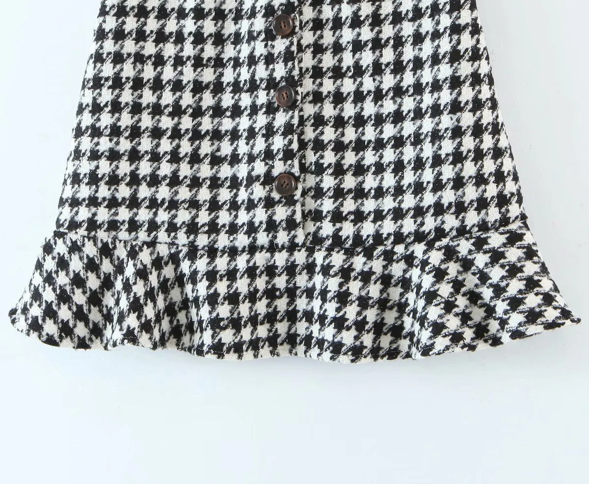 Ruffled Breasted Woolen Vintage Houndstooth Skirt Mini Dresses