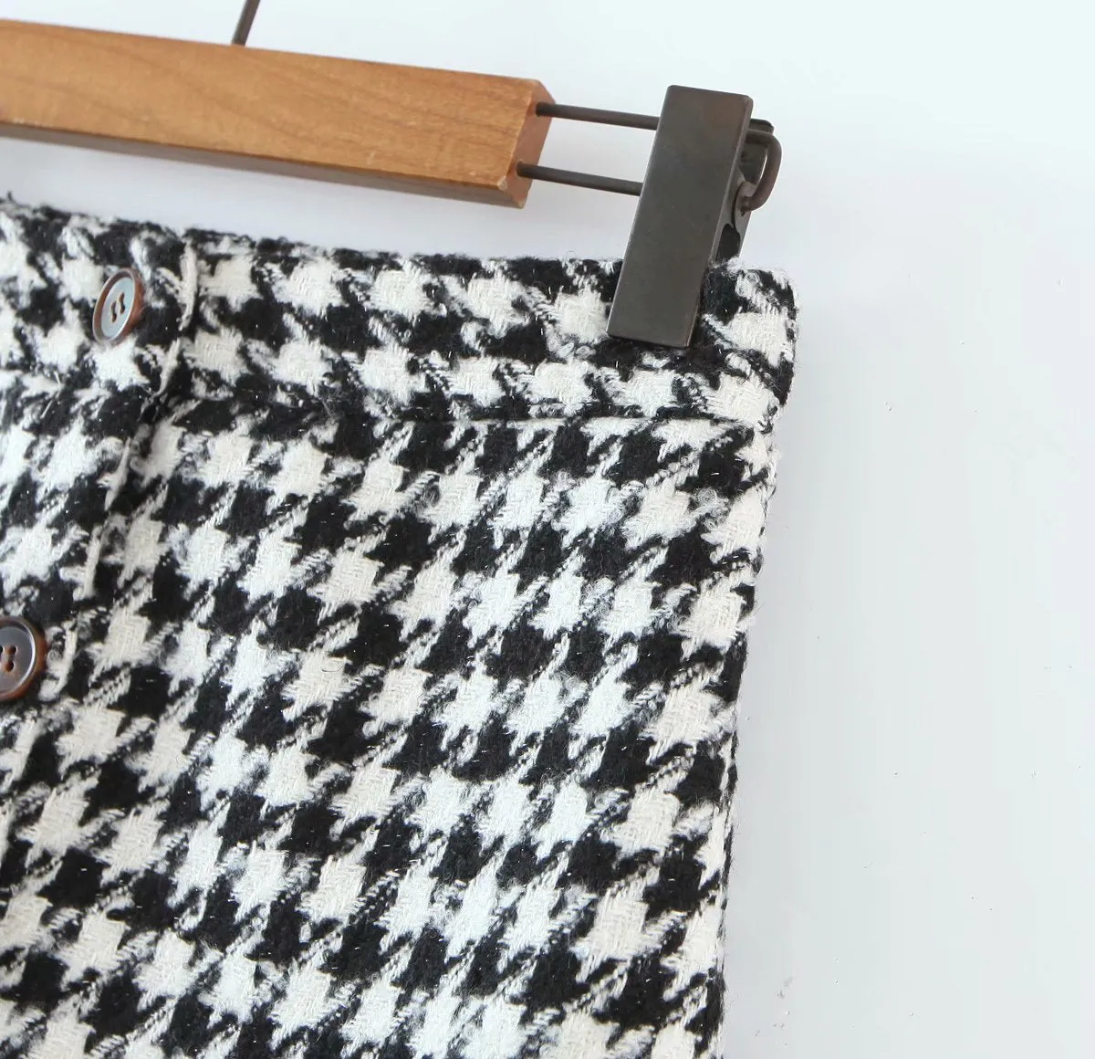 Ruffled Breasted Woolen Vintage Houndstooth Skirt Mini Dresses
