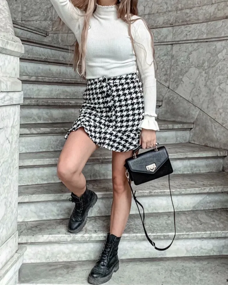 Ruffled Breasted Woolen Vintage Houndstooth Skirt Mini Dresses