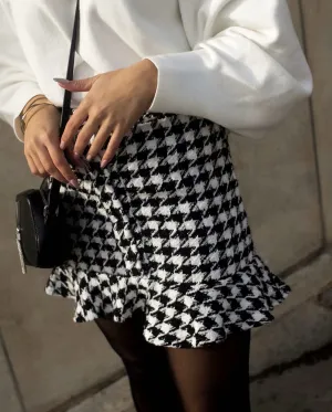 Ruffled Breasted Woolen Vintage Houndstooth Skirt Mini Dresses