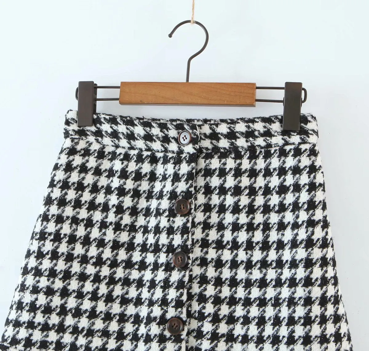 Ruffled Breasted Woolen Vintage Houndstooth Skirt Mini Dresses