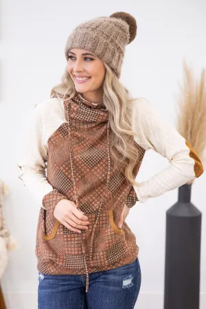 Rust and Ivory Patchwork Print Cowl Neck Top