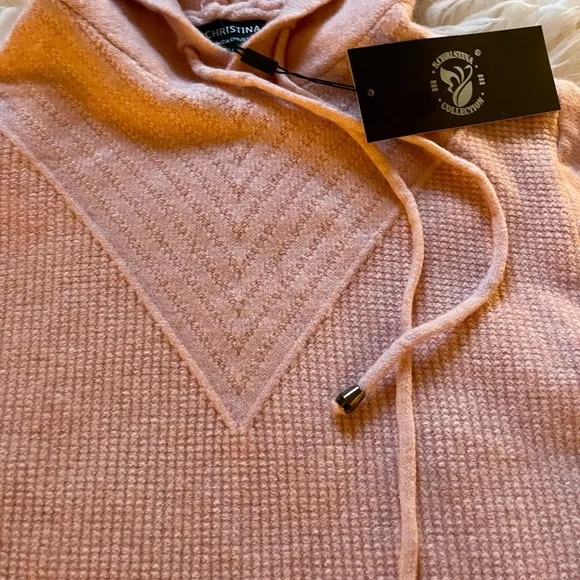 S. Christina 100% Cashmere Pink Hoodie V Sweater L/XL – Soft &amp; Cozy