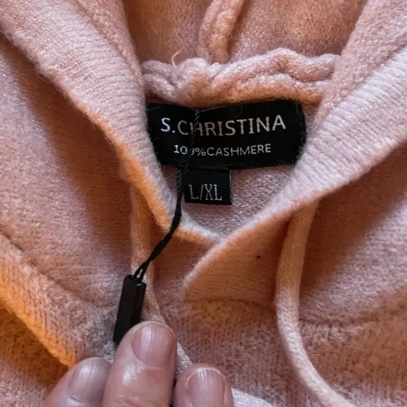 S. Christina 100% Cashmere Pink Hoodie V Sweater L/XL – Soft &amp; Cozy