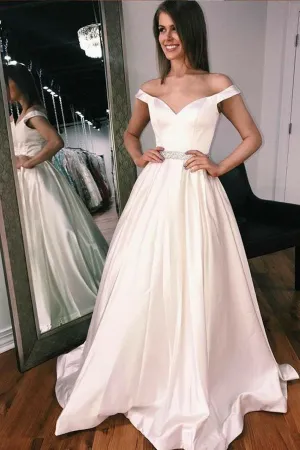 Satin Off the Shoulder Long Prom Dresses with Beading Ivory Party Dresses,MP614