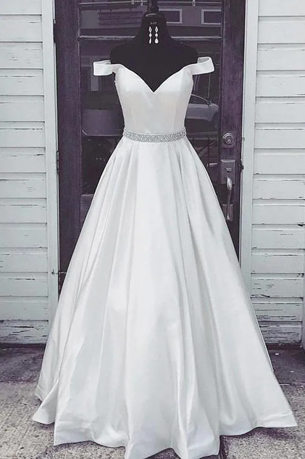 Satin Off the Shoulder Long Prom Dresses with Beading Ivory Party Dresses,MP614