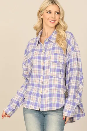 SEAMLESS PLAID LONG SLEEVE BUTTON DOWN POCKET PATCH CURVE HEM TOP