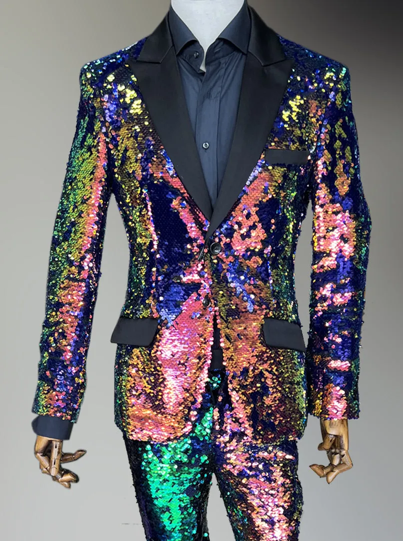 sequin suit for men multicolor, Gold, blue, green